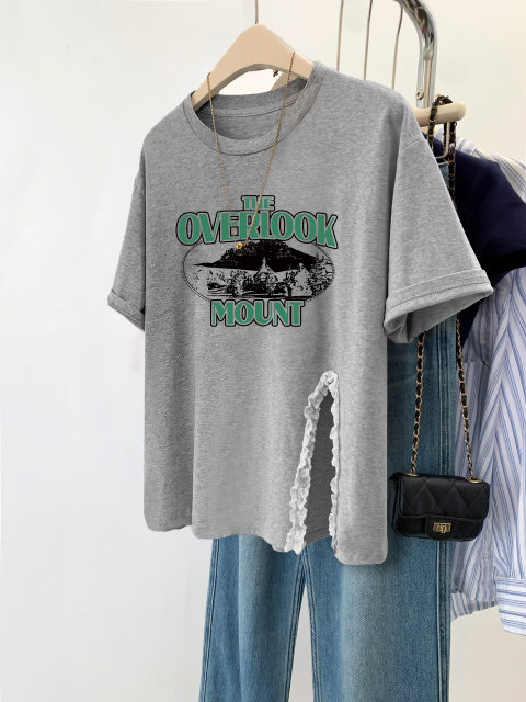 American short-sleeved T-shirt for women fat mm large size retro irregular slit best friend wear ins belly-covering front shoulder summer top
