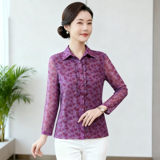 
New style middle-aged women's foreign noble temperament thin long-sleeved Taiwan mesh mother's autumn wear fungus-edged quick-drying shirt