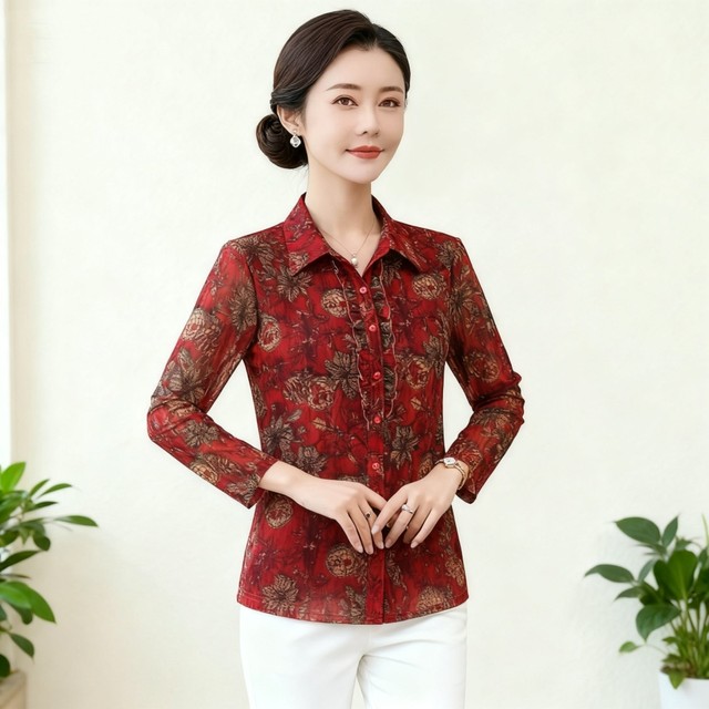 
New style middle-aged women's foreign noble temperament thin long-sleeved Taiwan mesh mother's autumn wear fungus-edged quick-drying shirt
