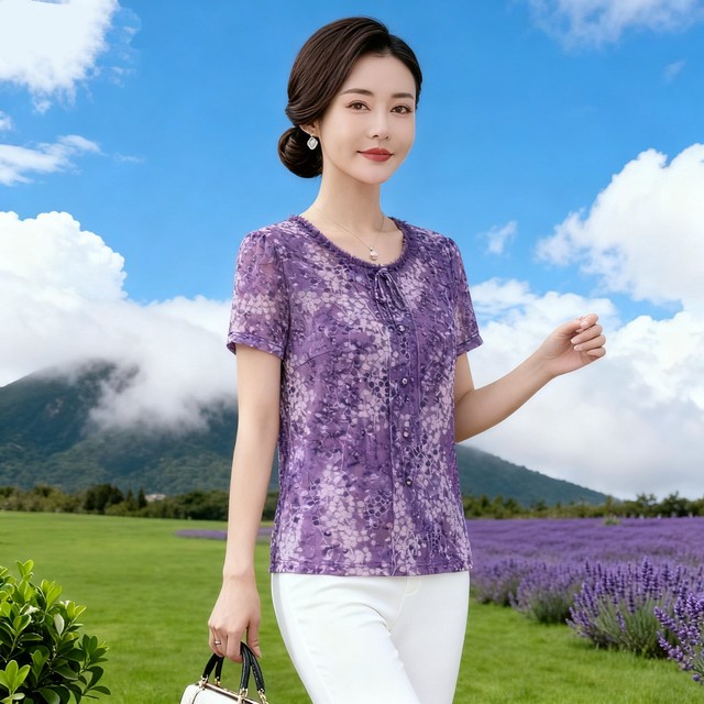 New fashionable middle-aged women's foreign-style tops, thin short-sleeved Taiwanese mesh mom summer clothes, fungus-edged quick-drying T-shirts