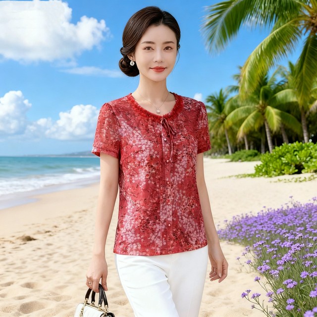New fashionable middle-aged women's foreign-style tops, thin short-sleeved Taiwanese mesh mom summer clothes, fungus-edged quick-drying T-shirts