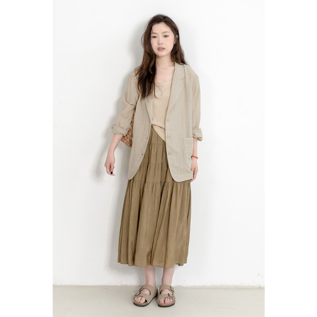 KNgs summer retro simple gentle style drooping solid color elastic waist splicing long skirt cake skirt women's skirt