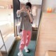 AMYOYOJA Spring New Style Korean Lace Cuff Cartoon Printed Velvet Fabric Round Neck Three-quarter Sleeve T-Shirt for Women
