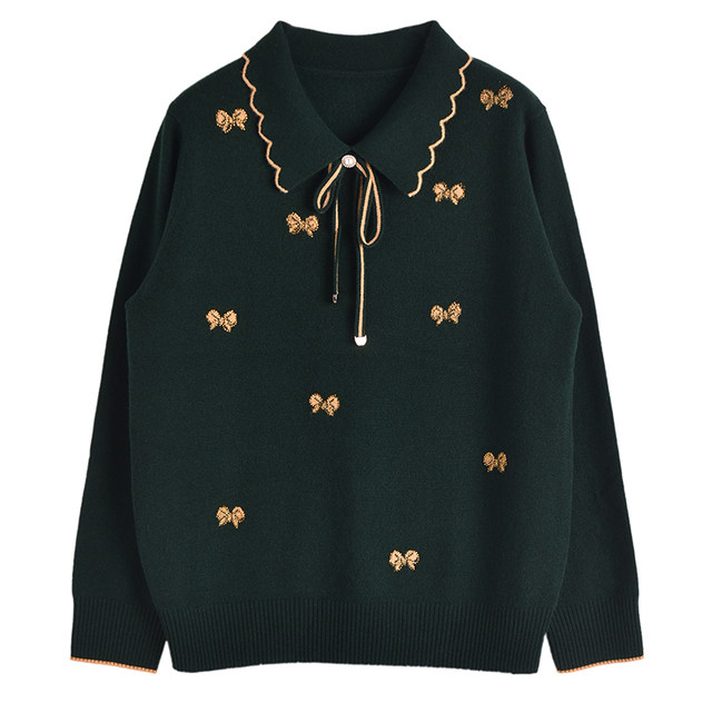 Mom's autumn and winter outer wear lapel 100% pure wool sweater middle-aged women's knitted sweater tops large size bottoming sweater