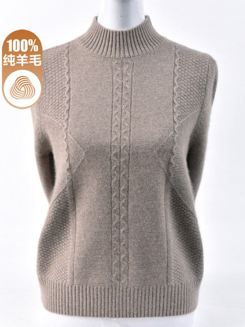 100 pure wool sweater women autumn and winter thick half -high collar middle -aged and elderly mother pretend to embroidered cashmere bottom sweater large size