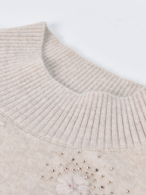 Western style mother's clothing autumn and winter new pure wool sweater middle-aged and elderly women's embroidered full wool bottoming shirt half turtleneck sweater