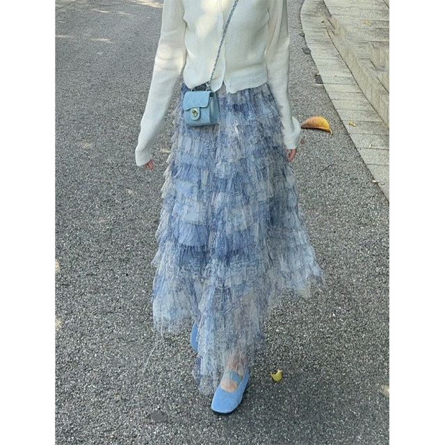 2025 spring and summer new A-line high waist mid-length retro tie-dye mesh pleated cake skirt for women