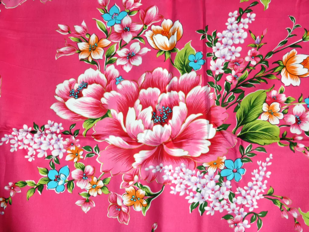 台湾新款植物花卉特色客家花布纯棉布料牡丹系列枚红色160c