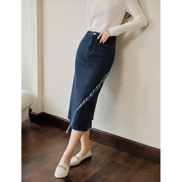 Inman design sense irregularly divided cat whisker denim skirt 2024 spring women's new straight slim long skirt