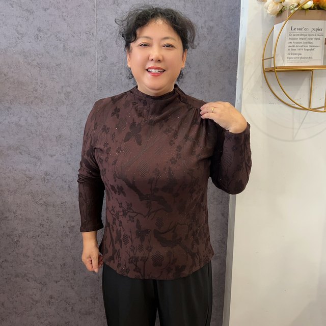 
Asymmetrical design jacquard dark pattern fine flash pullover T-shirt half turtleneck base shirt fashionable elastic long sleeve mother
