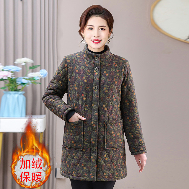 Mother's winter cotton coat, middle-aged and elderly women's medium-length new style cotton jacket, western-style grandma outfit, velvet stand-up collar cotton coat