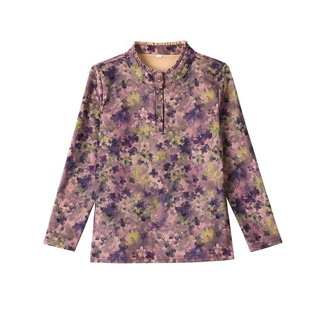Fashionable and Western-style mom autumn long-sleeved half-high collar bottoming shirt for middle-aged and elderly women plus velvet floral top T-shirt