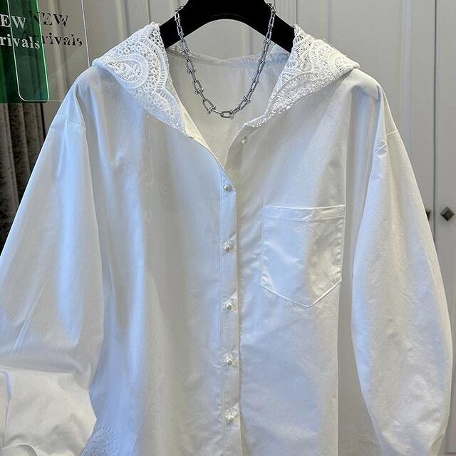 European station splicing fashionable hooded lace hem long sleeve lace shirt women's shirt fashionable loose white jacket
