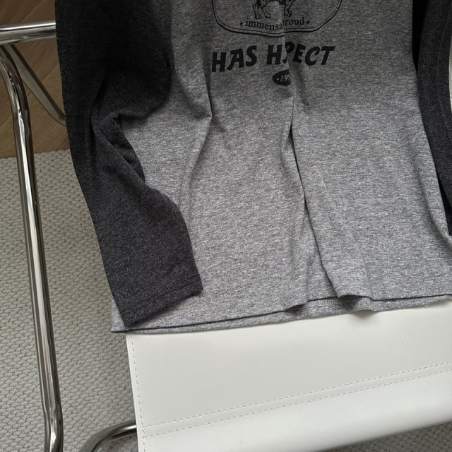 New early spring style retro gray spliced ​​trolley sleeve round neck long sleeve T-shirt niche design base top