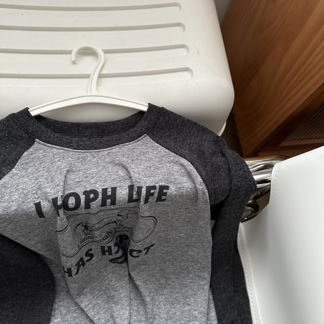 New early spring style retro gray spliced ​​trolley sleeve round neck long sleeve T-shirt niche design base top