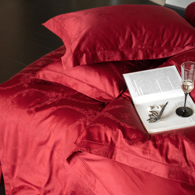 Category A maternal and infant grade light luxury high-end big red jacquard wedding 100-count pure cotton wedding bedding four-piece set