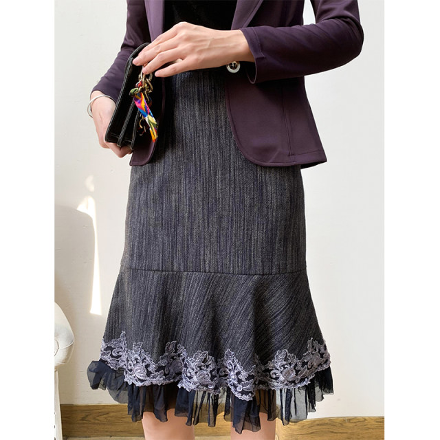 56%wool/old cargo withdrawal cabinet/splicing mesh lace comes with retro/high -waisted skirt fishtail skirt autumn and winter
