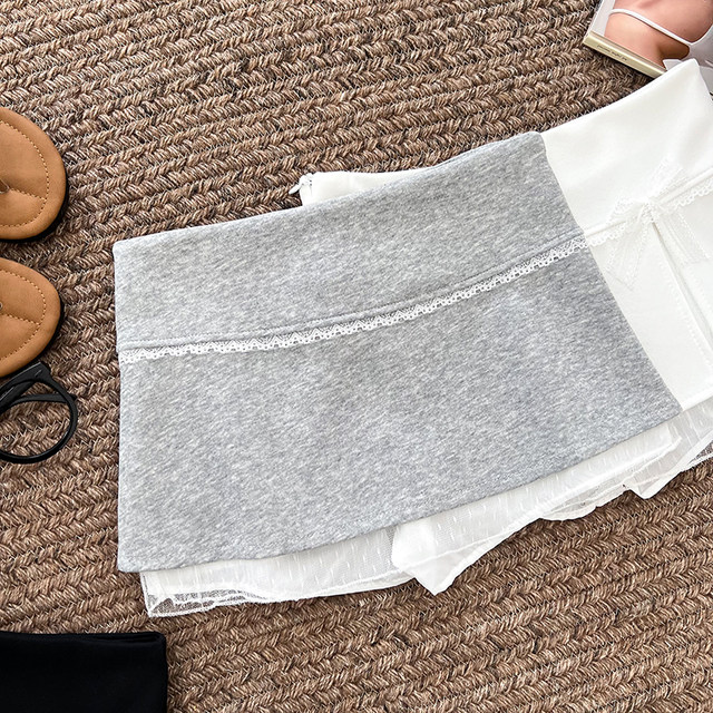 Sweet embroidered letters high waist slim lace bow skirt anti-exposure short skirt hip-cover skirt women
