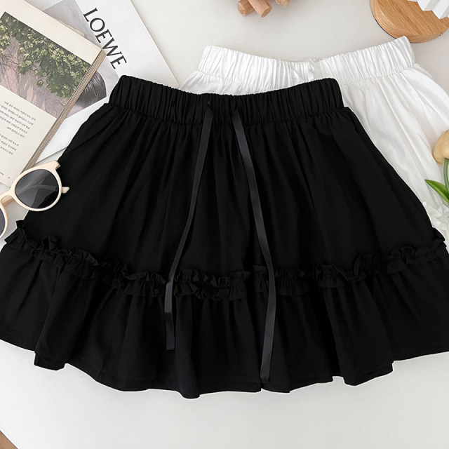 Sweet and versatile lace-up bow high waist slim fungus ruffled skirt anti-exposure short skirt cake skirt women