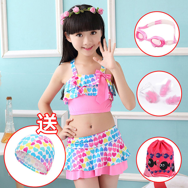 Girls split swimsuits, fresh and cute skirts, students swimming underwear, seaside vacation, children's bikini conservative
