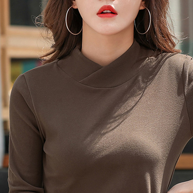 Half turtleneck long-sleeved T-shirt for women, plus size, slim fit, warm and velvet grandma autumn clothes, middle-aged mother's bottoming shirt