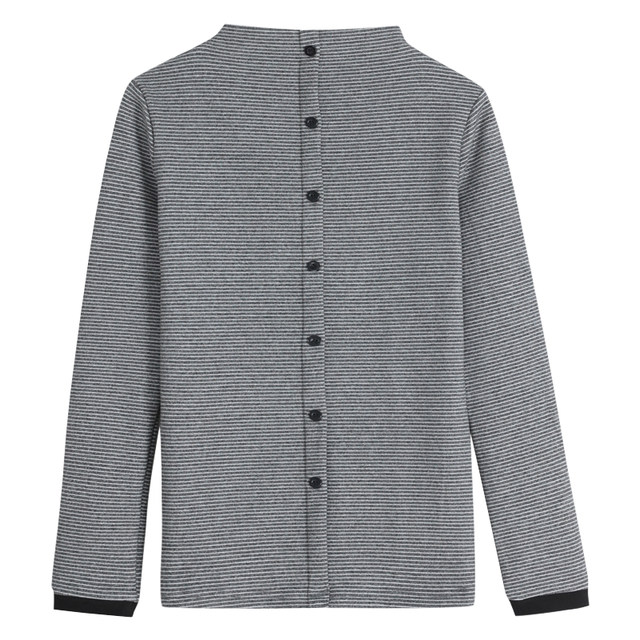 Half turtleneck striped long-sleeved T-shirt for women with buttons, large size, stylish and age-reducing mother-in-law autumn clothes, middle-aged and elderly mother's bottoming shirt