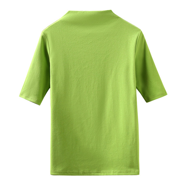 Middle-collar pure cotton solid color short-sleeved T-shirt for women with five-point sleeves large size slim base T-shirt half high collar middle-aged mother