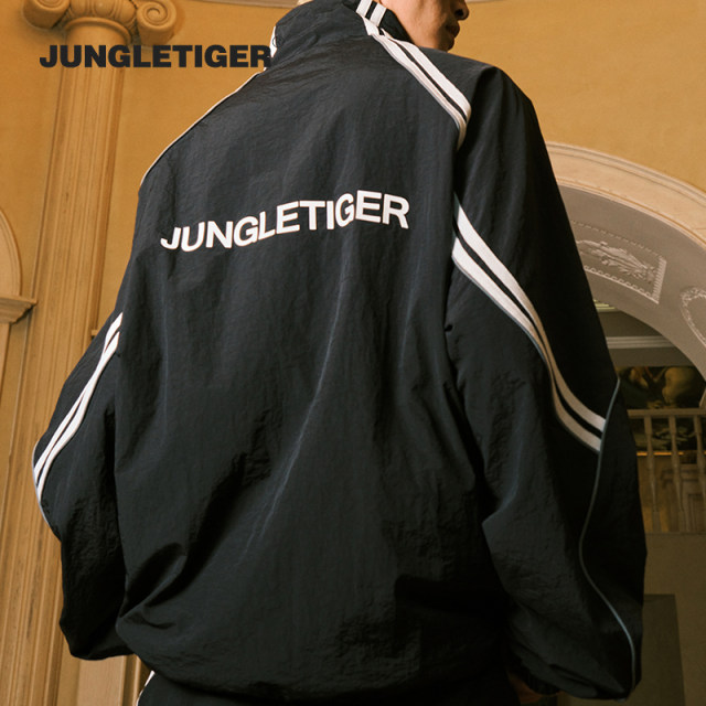 Jungle tiger logo thick plate rubber webbing sports splicing stand collar jacket retro adjustable drawstring men's and women's jacket