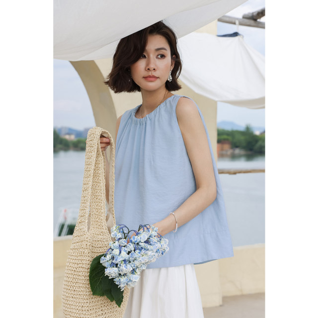 Migu blue wide shoulder strap sleeveless vest wears for women's summer thin loose vacation top base strap inner wear
