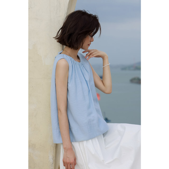 Migu blue wide shoulder strap sleeveless vest wears for women's summer thin loose vacation top base strap inner wear