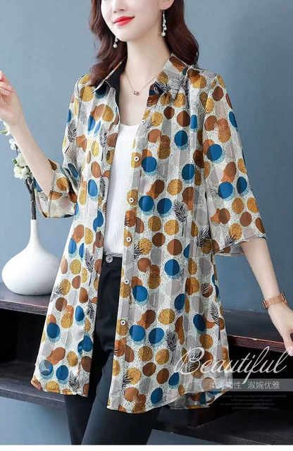 Polka dot chiffon shirt for women mid-length shirt for summer quarter sleeve top fashionable loose large size mother dress shirt