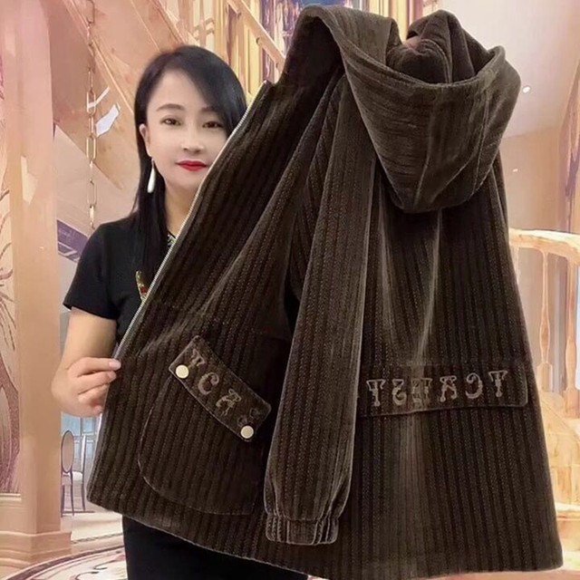 New thickened corduroy jacket for women simple casual hooded coat loose plus fat mother suit autumn style