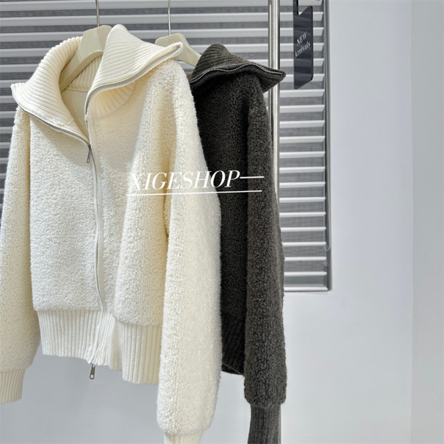 Korean wool knitted cardigan sweater jacket for women in autumn and winter loose thick large lapel double zipper short top