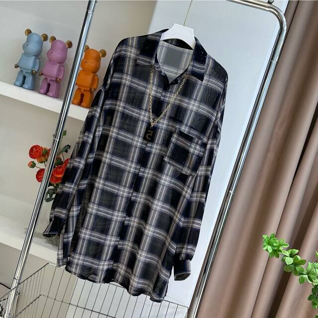 Starry Sky Flash Plaid Sunscreen 0085# Summer Long Sleeve Loose Air Conditioning Shirt Casual Mid-Length Plaid Shirt Top