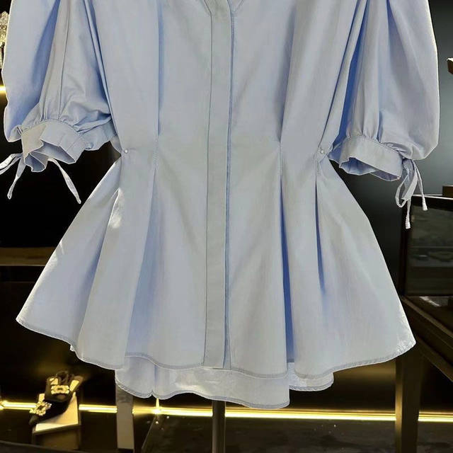 Large size waist-retracting puff sleeve white shirt short-sleeved women's 2025 new fat mm high-end and beautiful half-sleeved top
