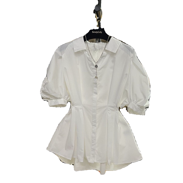 Large size waist-retracting puff sleeve white shirt short-sleeved women's 2025 new fat mm high-end and beautiful half-sleeved top
