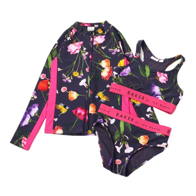 Foreign trade children's split swimsuit girl zipper long -sleeved sunscreen surfing service three -piece girl floral bikini
