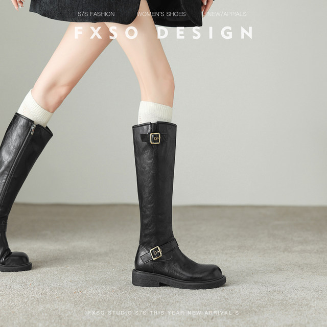 Fangxiang Genuine Leather Maillard 2025 Autumn New Belt Buckle Knight Martin Boots Popular Style Small Tall Boots for Women