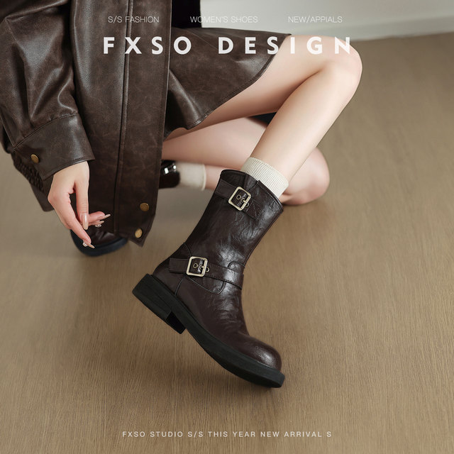 Cowhide Fangxiang British style huge good-looking Martin boots for women 2025 autumn new flat bottom round toe black short boots