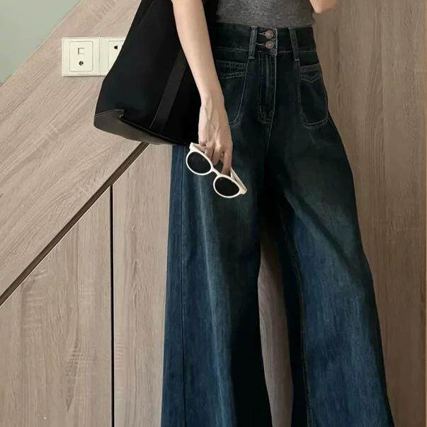 American retro wide-leg jeans for women in spring and autumn large size slightly fat mm high waist loose slim pear-shaped body pants trendy