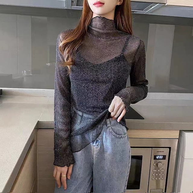 Large size fat girl turtleneck mesh base shirt for women in spring and autumn bright silk fashionable inner lace gauze top small shirt