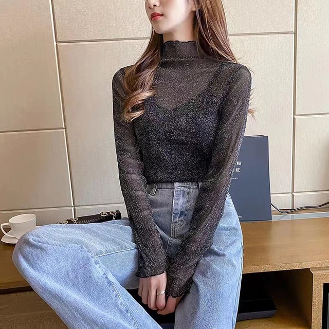 Large size fat girl turtleneck mesh base shirt for women in spring and autumn bright silk fashionable inner lace gauze top small shirt