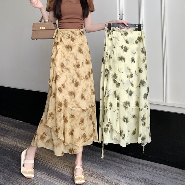 Ruffled floral skirt for women in summer 2025 new ink printing mid-length one-piece hip-pack chiffon skirt