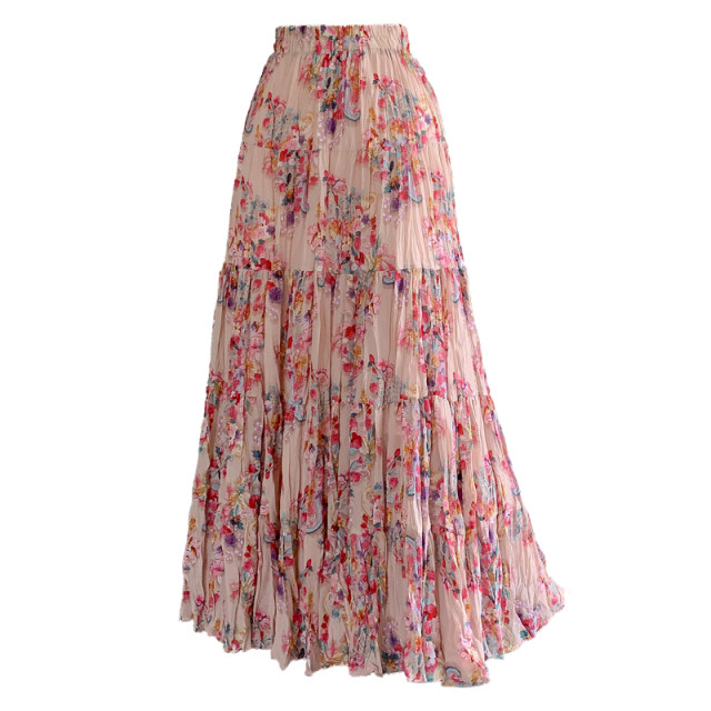 Chiffon cake long skirt women's skirt summer 2025 new temperament elastic high waist cover a line floral skirt