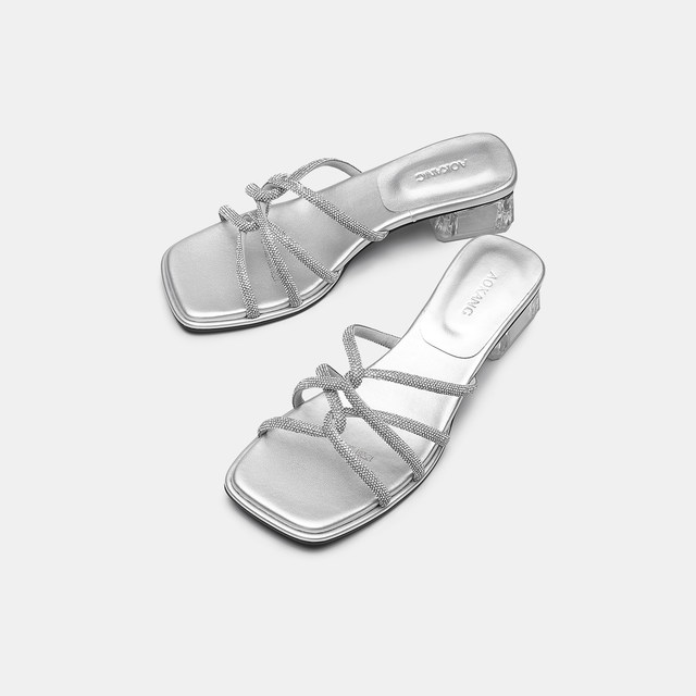 Aokang Women's Shoes 2025 Summer Flip-Flops Crystal Square Heel Rhinestone Square Heels Thick Heel Sandals Delivered in Store