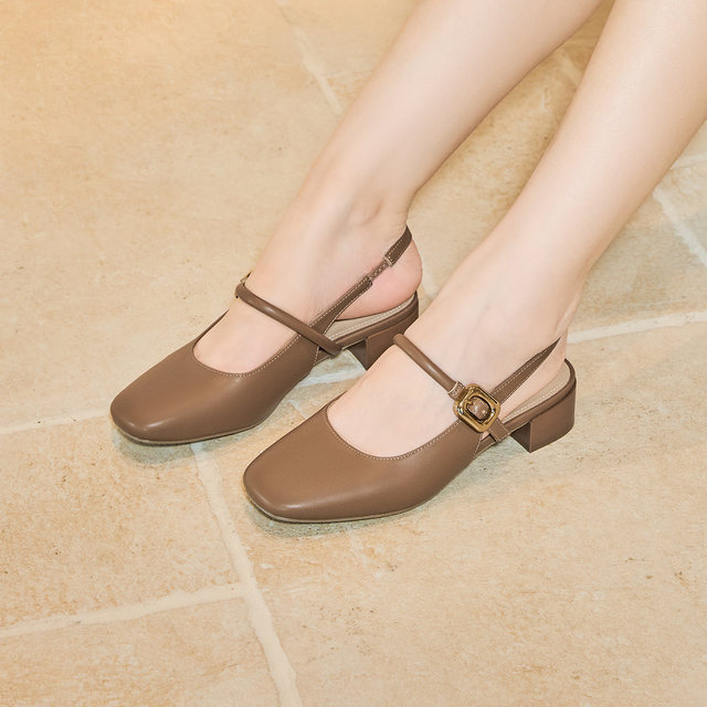 Aokang women's shoes, spring and summer new square-toe strap fashion sandals comfortable thick heel mid-length commuting toe shoes