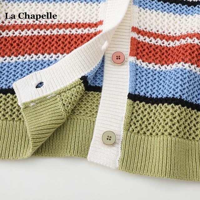 La Chapelle Colorful Striped Knitted Vest Women's Spring and Summer V-neck Hollow Cardigan Top
