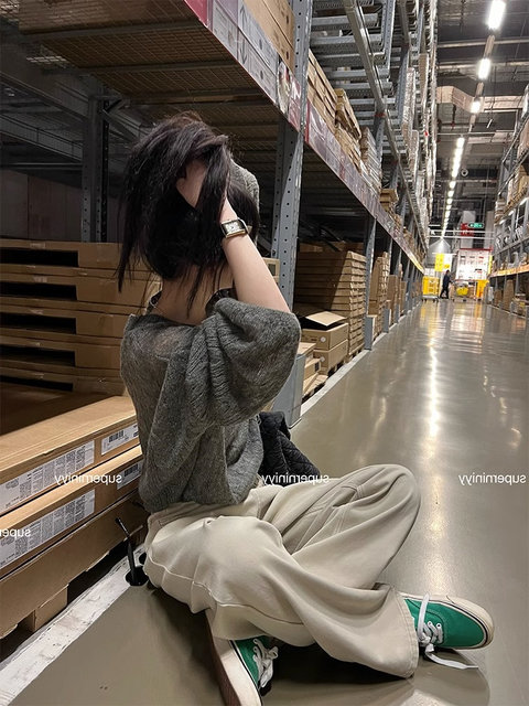 Early autumn hollow knitted sweater for women early autumn thin blouse for autumn new loose lazy gray top