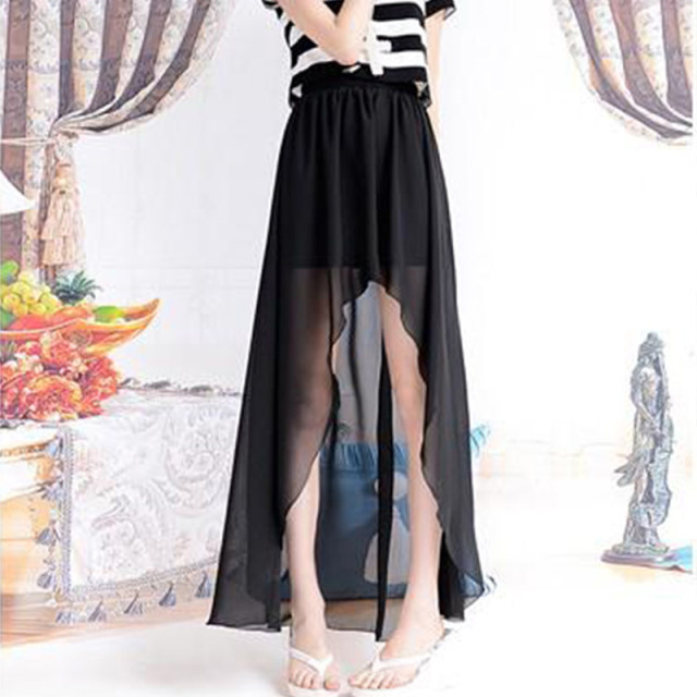 Long skirt summer new irregular gauze skirt short front and long irregular hem skirt mid-length women's high waist