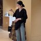 Black lace base shirt for women in mid-long autumn and winter hollow V-neck large-size split inner shirt loose lace top